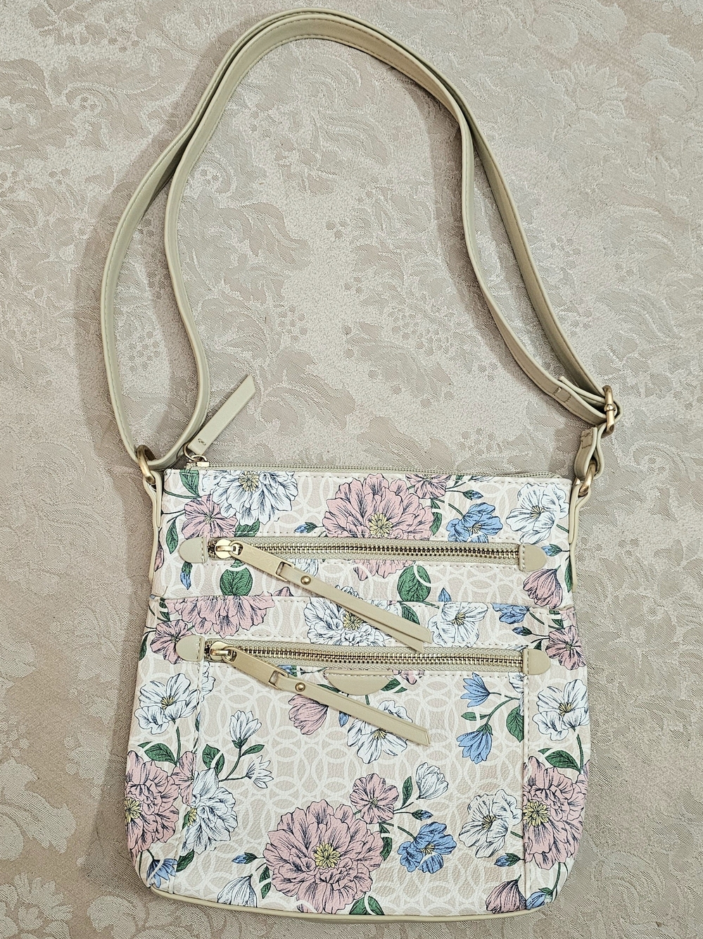 Chic Floral Print Crossbody Shoulder Bag Multi Zipper Pockets Cream Pink Boho